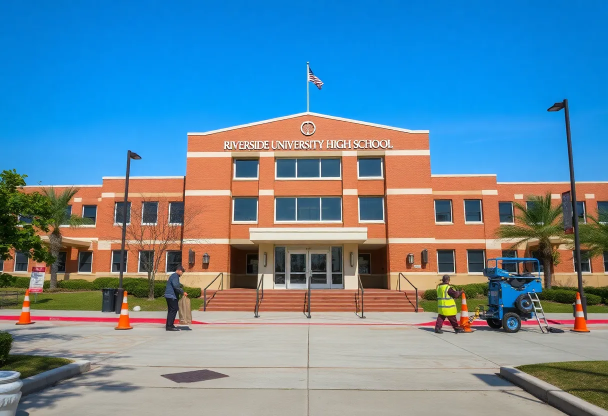 Cleanup crews working outside Riverside University High School