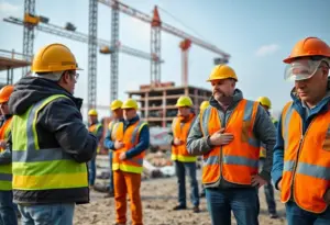 Construction workers observing a moment of silence for safety awareness