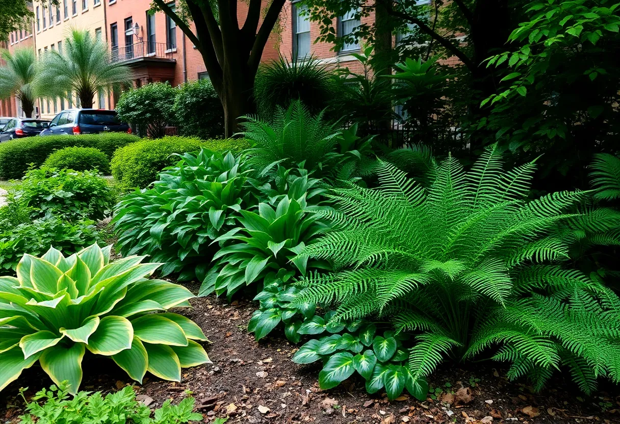 A vibrant shade garden with various native plants in Philadelphia.