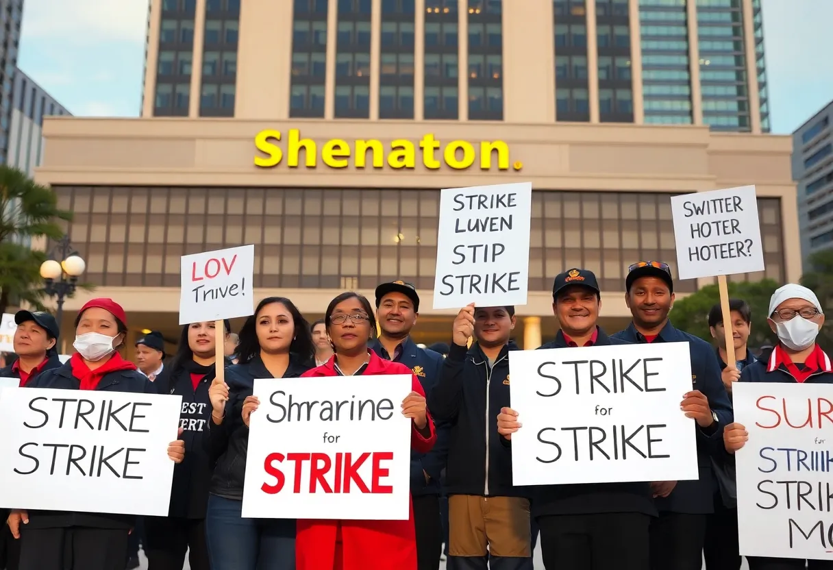 Hotel workers protesting outside Sheraton Philadelphia Downtown for better wages.