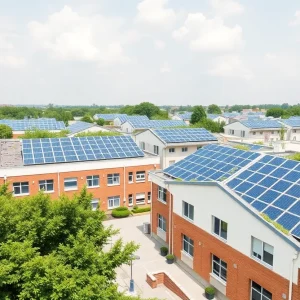 Solar panels installed on school rooftops promoting renewable energy.