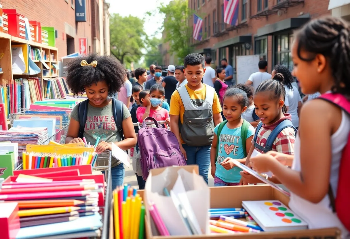 Students and families engaging in back-to-school shopping and community celebration in Philadelphia.