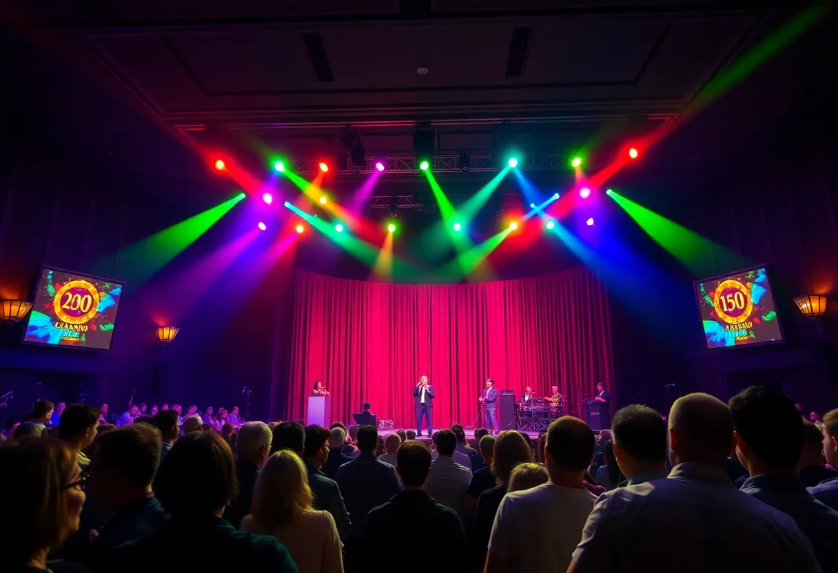 Theatrical performance showcasing vibrant colors and an energetic audience at Hard Rock Hotel.