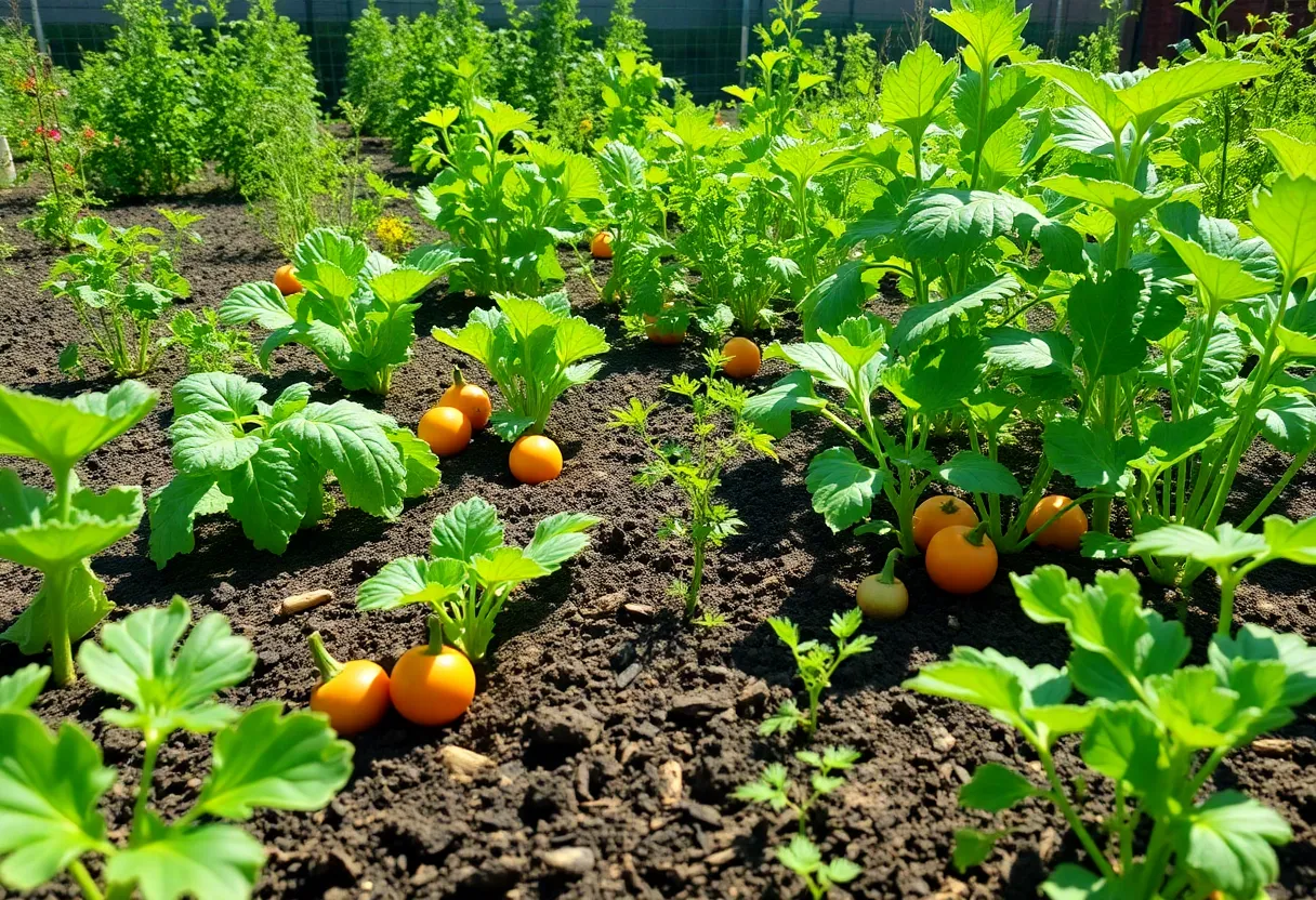 A lush vegetable garden in Philadelphia’s climate with diverse crops.