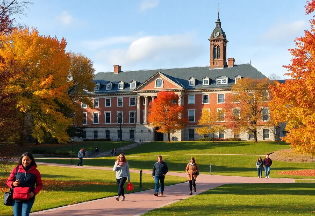 University campus with autumn foliage and students