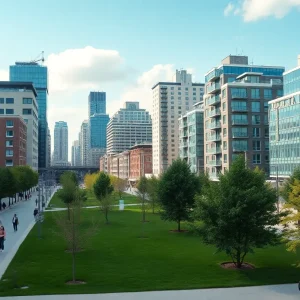 A bustling urban neighborhood with greenery and pedestrians in University City.