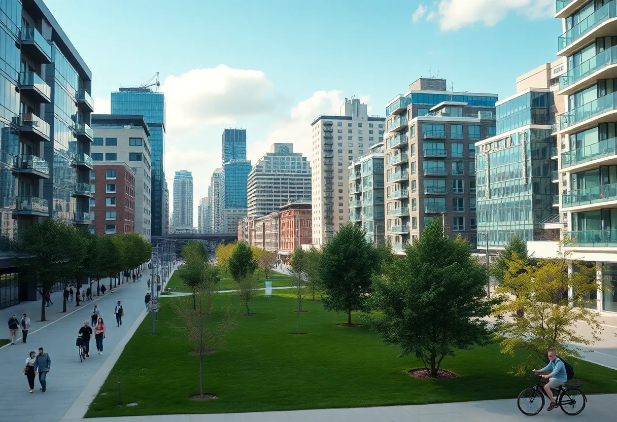 A bustling urban neighborhood with greenery and pedestrians in University City.