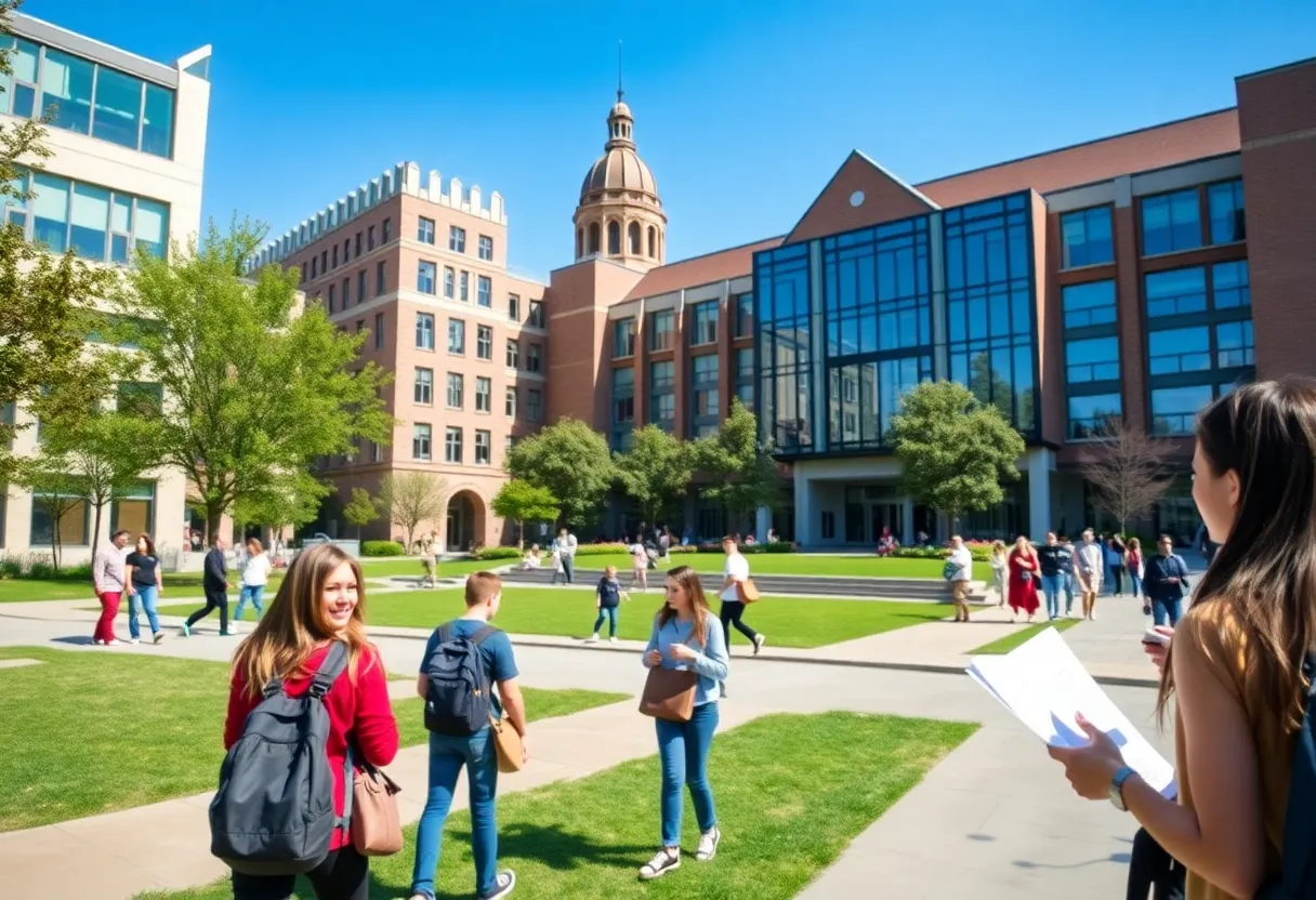 Campus view of the University of Pennsylvania with students studying
