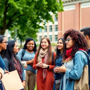 Diverse group of university students discussing safety on campus