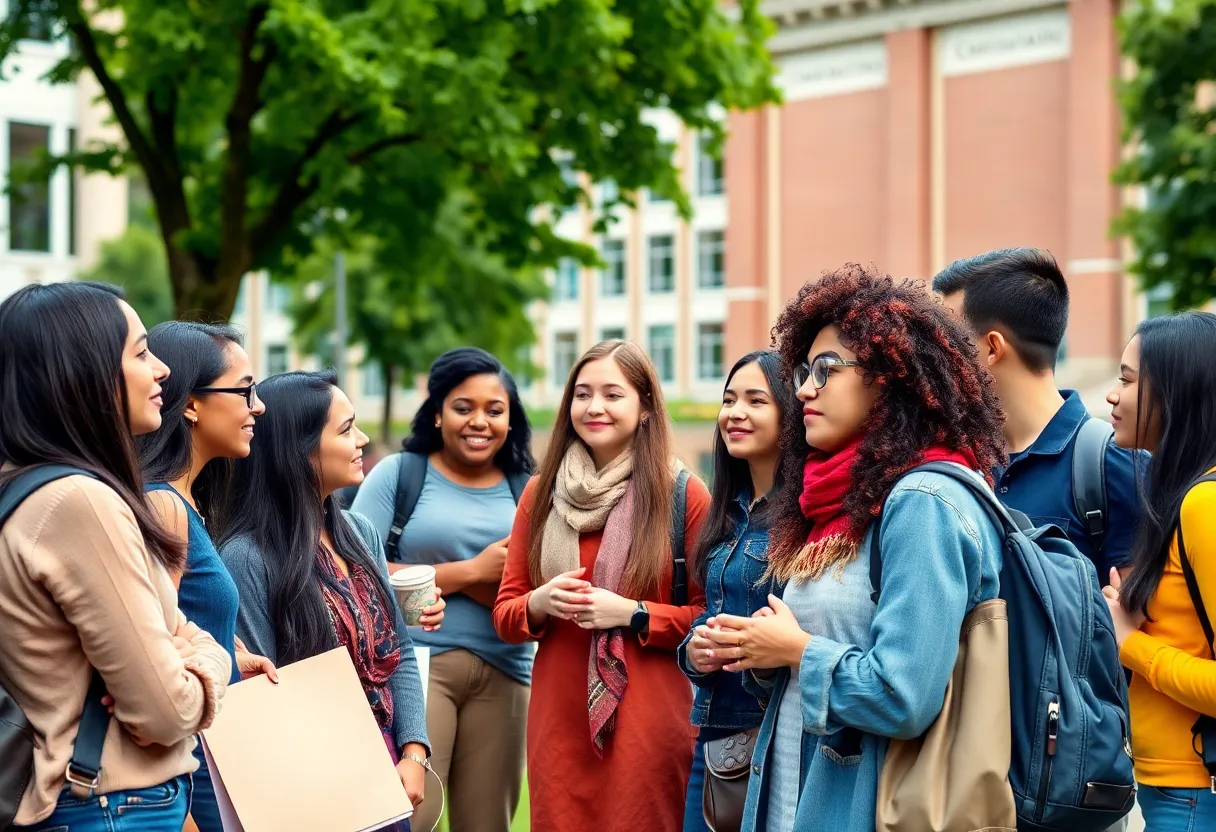 Diverse group of university students discussing safety on campus