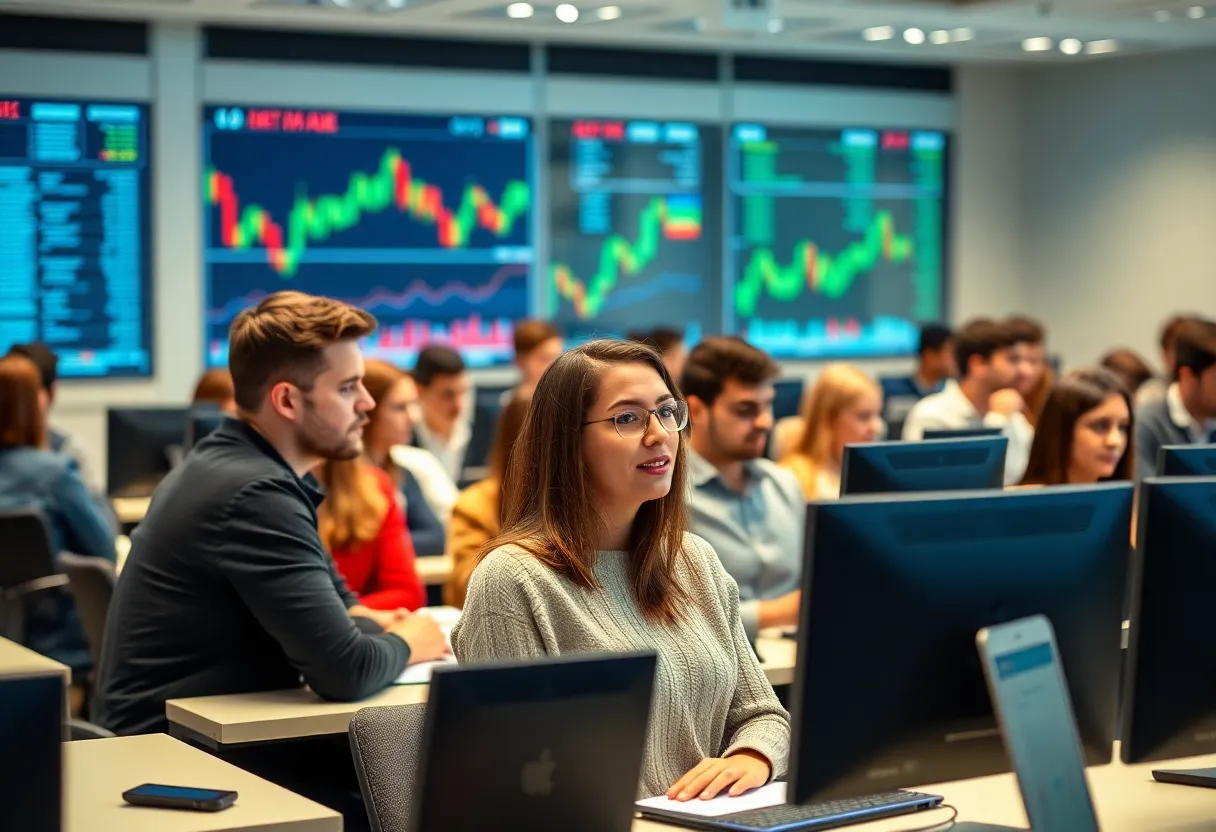 Students in a classroom discussing finance technologies