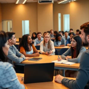 Students in a modern finance classroom discussing machine learning and quantitative finance.