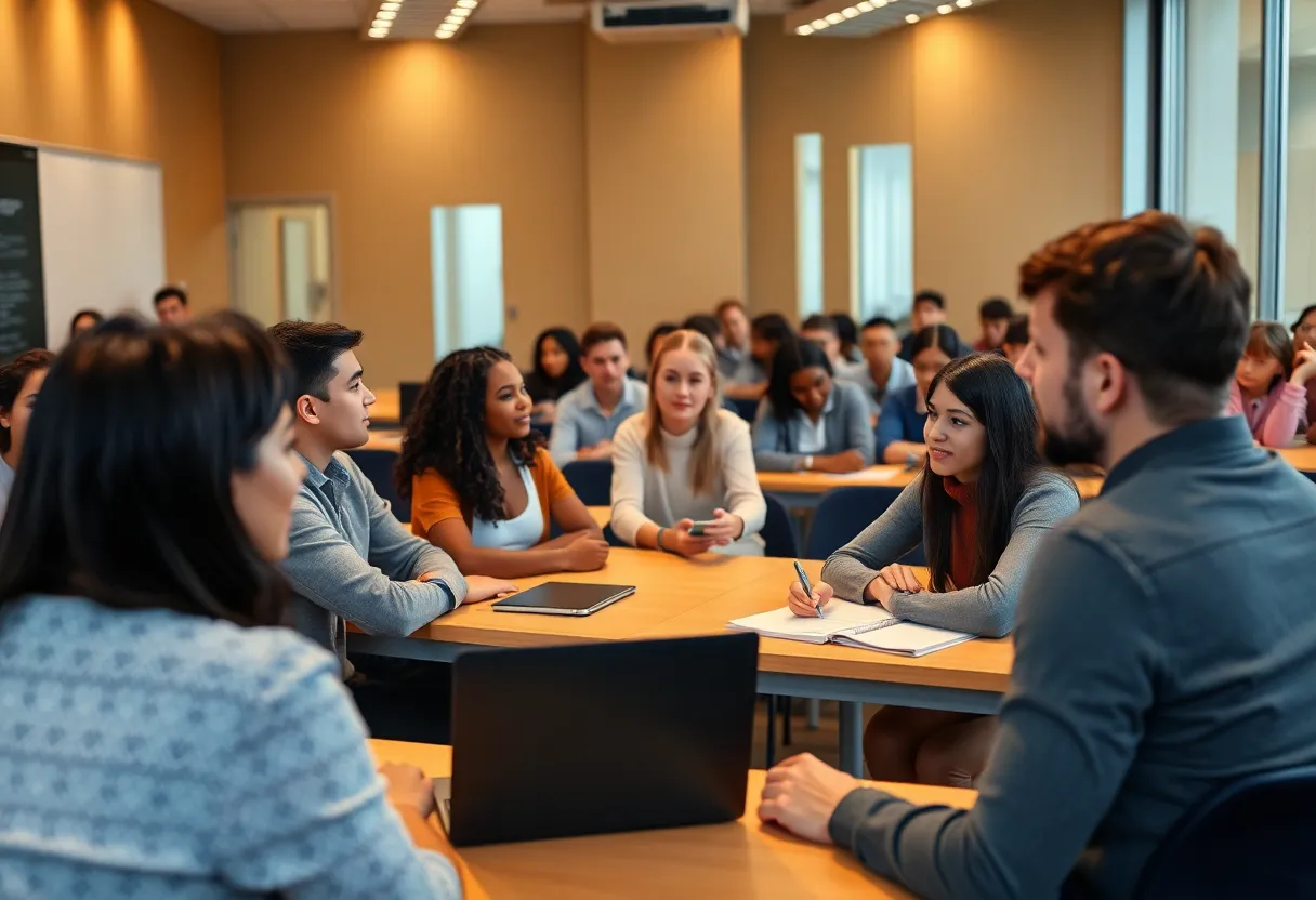 Students in a modern finance classroom discussing machine learning and quantitative finance.