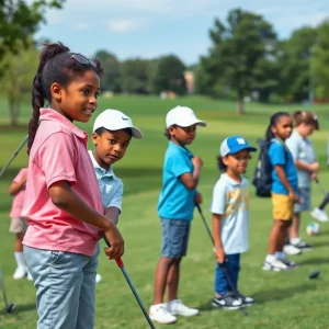 Youth golfers engaging in community golf activities in a park setting.