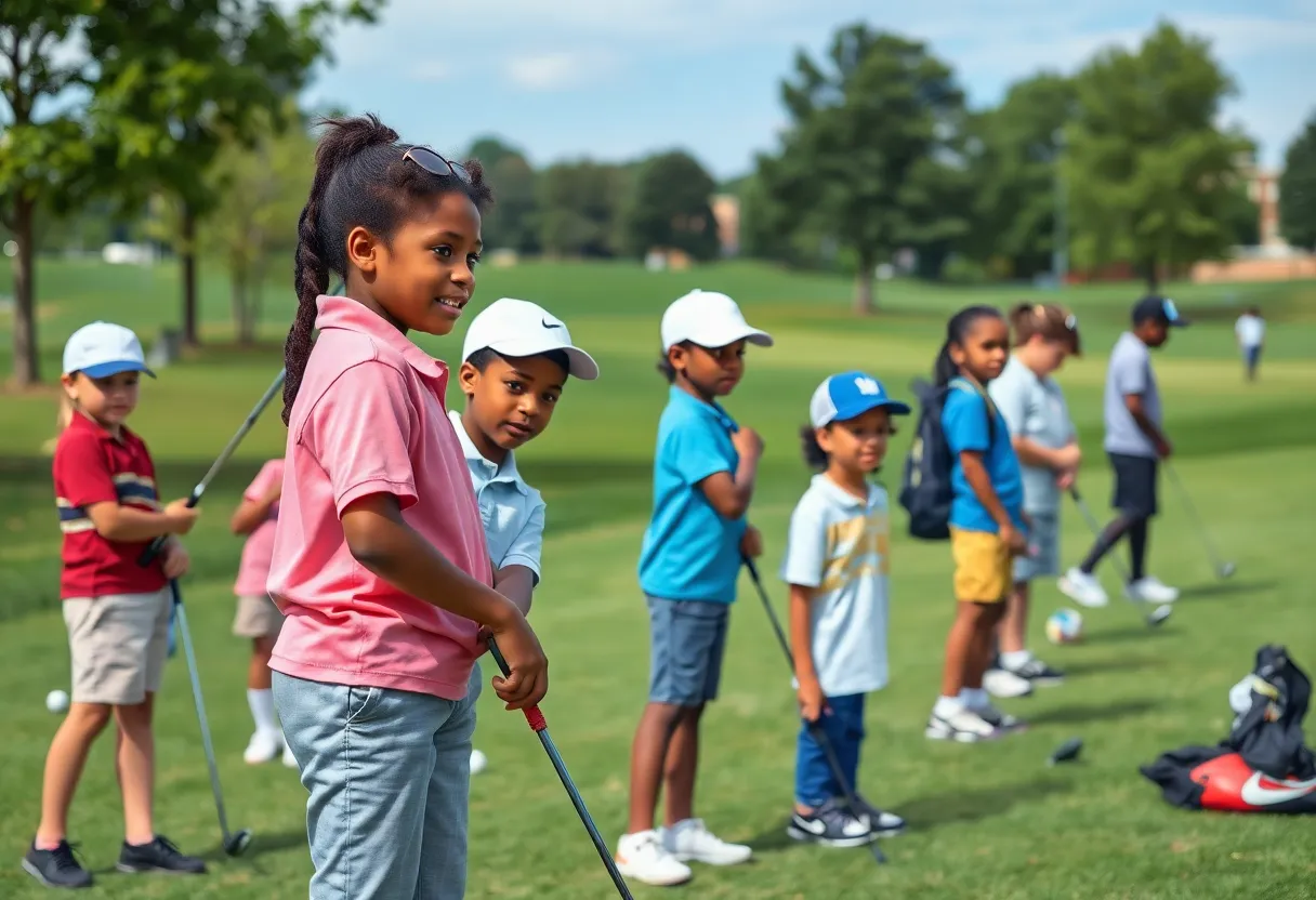 Youth golfers engaging in community golf activities in a park setting.