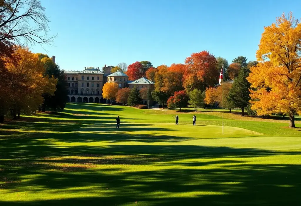 Players competing at the Amateur Golf Championship on a sunny autumn day