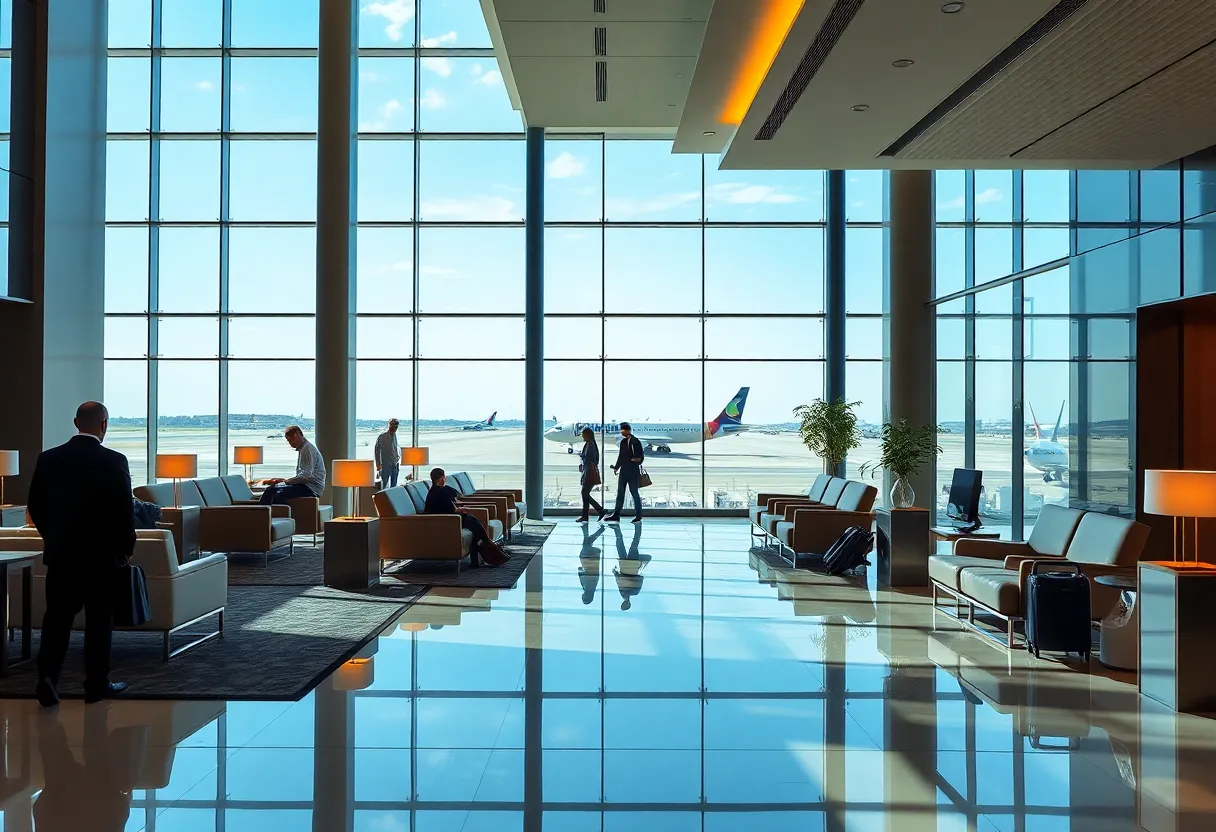 Luxurious airport hotel lobby with travelers checking in.