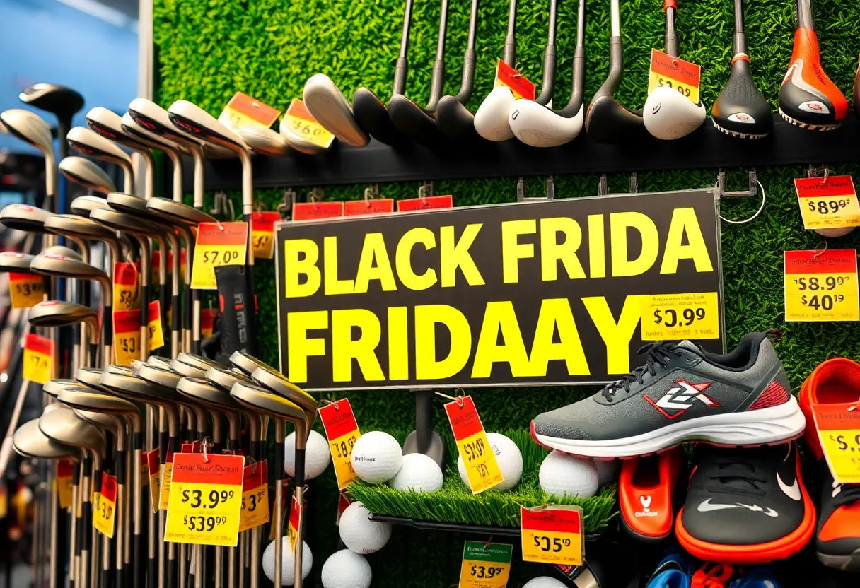 Collage of golf equipment and apparel representing Black Friday sales