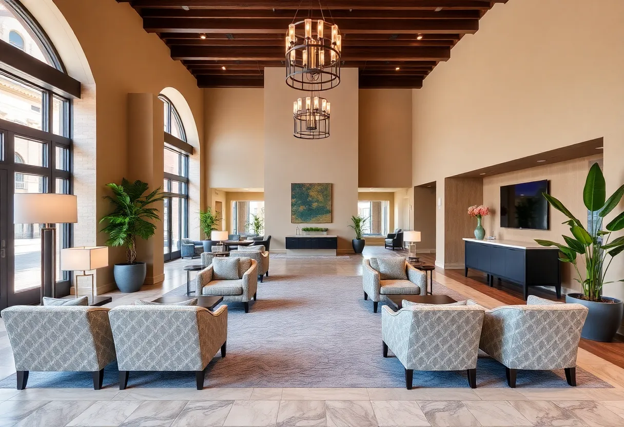 Modern boutique hotel lobby in Charleston with elegant design