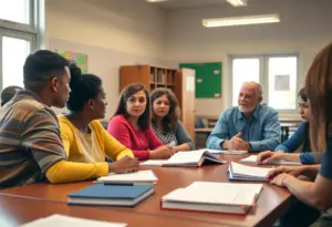 Community members discussing school funding options