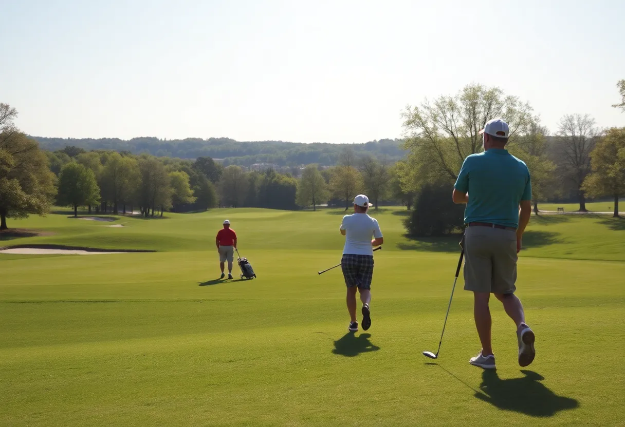 Two couples enjoying a round of golf at the Jack & Sally Couples Golf Tournament in Philadelphia.