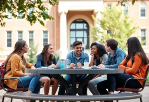 Diverse group of students engaged in discussion on campus