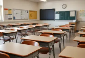 An empty classroom representing concerns about school closures.