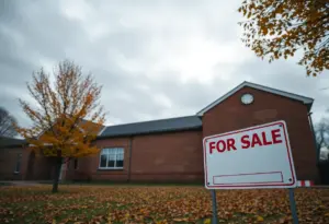 Image of an elementary school building with foliage in the foreground