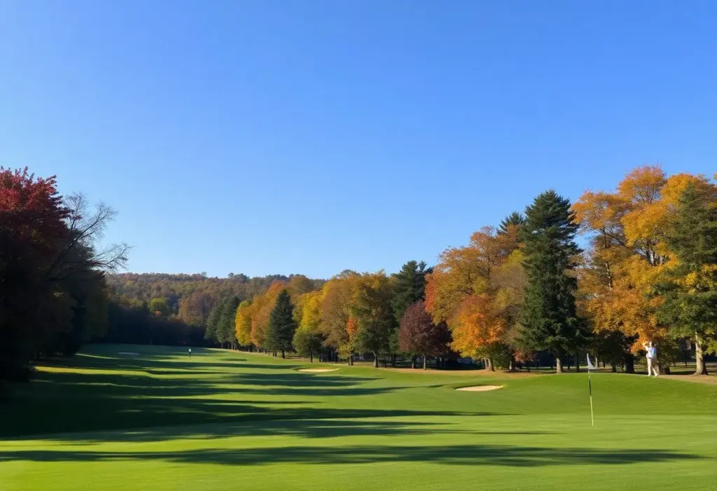 Golfers on a vibrant autumn golf course in Fairhill, Pennsylvania