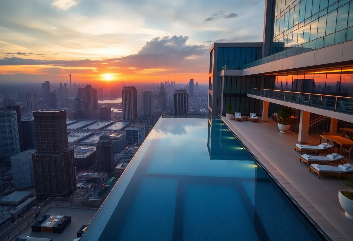 Four Seasons Hotel Philadelphia featuring a rooftop infinity pool and modern city skyline