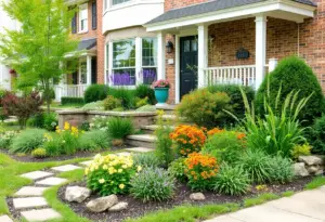 Vibrant front yard garden in Philadelphia showcasing native plants and hardscaping.