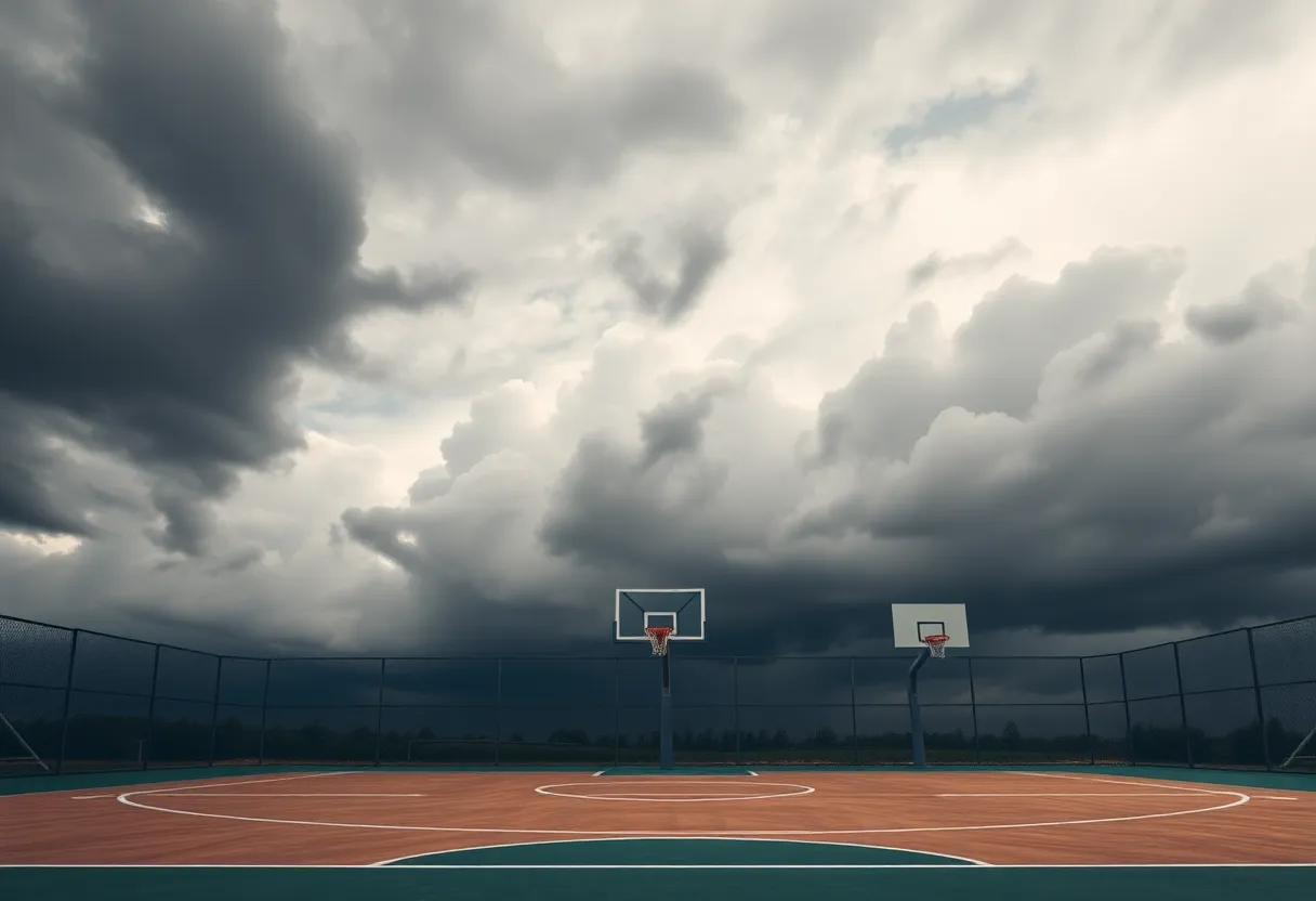 Artistic representation of a basketball court under dark clouds symbolizing gambling issues in sports.