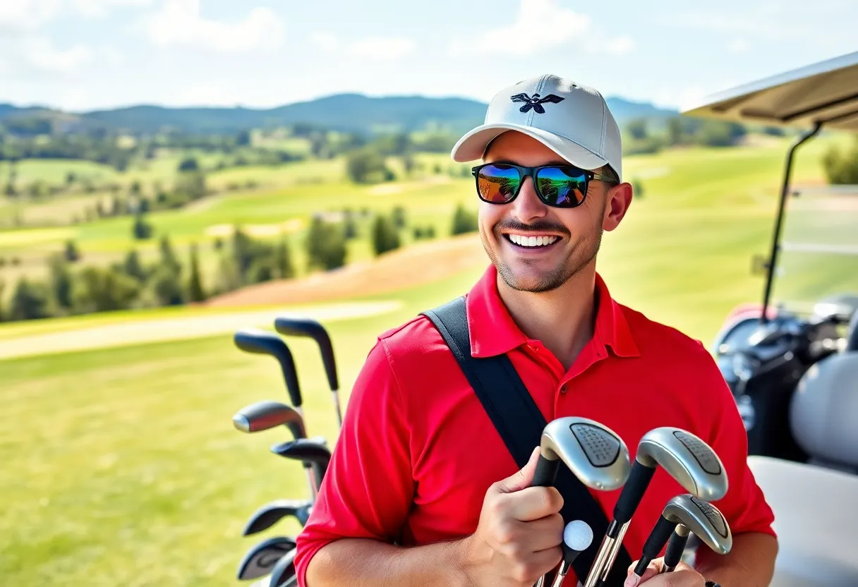 Golf clubs available for rental on a beautiful golf course