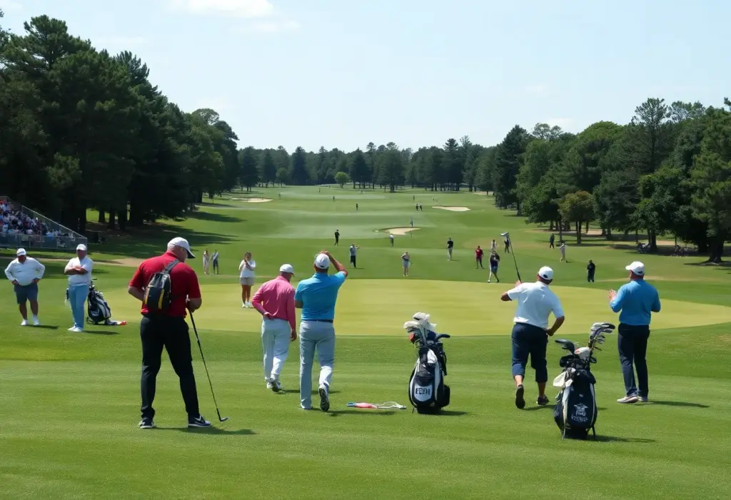 Players practicing on a vibrant golf course