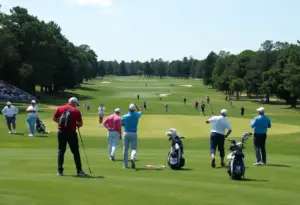 Players practicing on a vibrant golf course