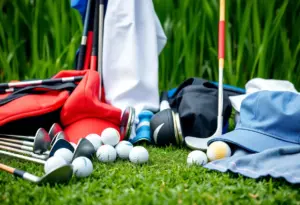 Assortment of golf equipment including shoes, balls, and bags displayed together on a golf course