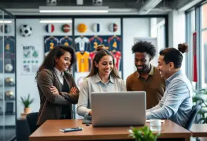 Team collaborating in a sports management office