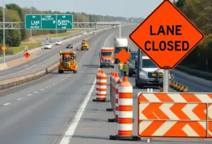 Construction zone on I-57 showing lane closures and detour signs.