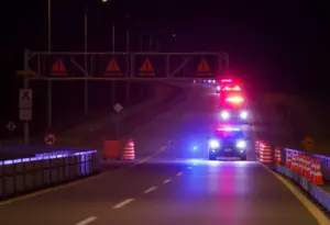 Night view of a highway construction site with emergency response after an accident