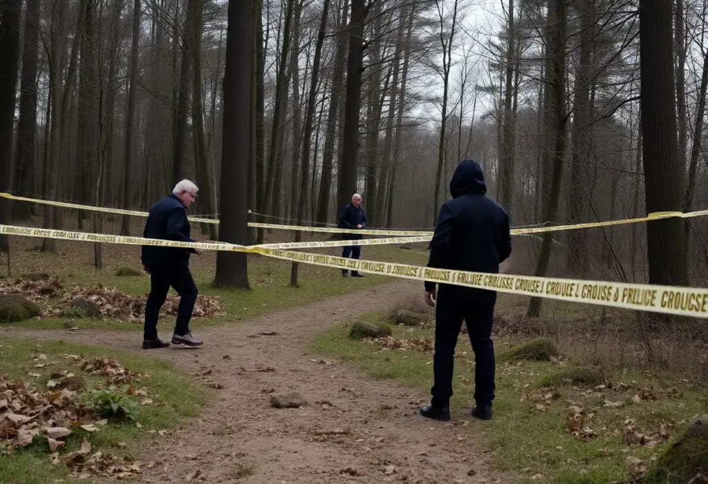 Authorities investigating a wooded area for clues.