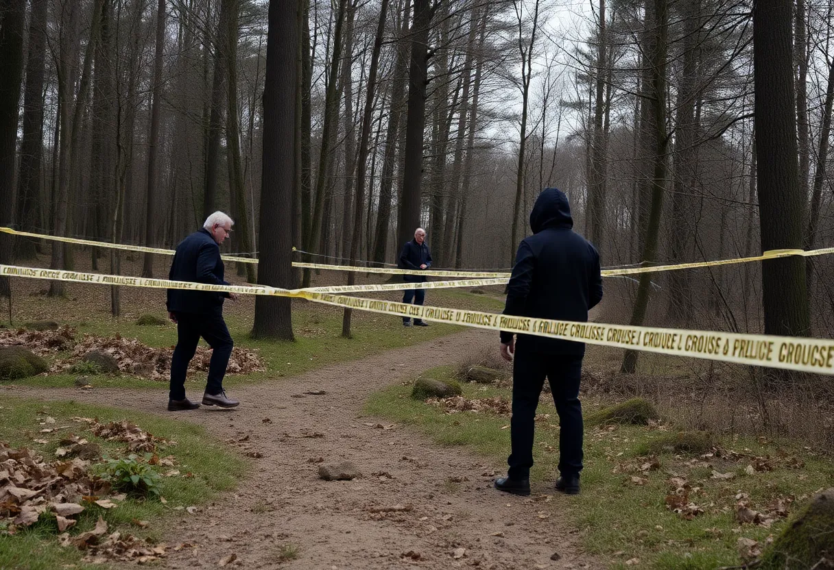 Authorities investigating a wooded area for clues.