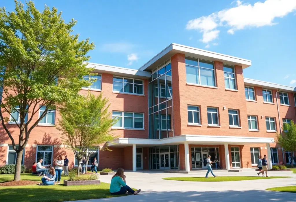 View of the Julia R. Masterman School campus with students learning outside.
