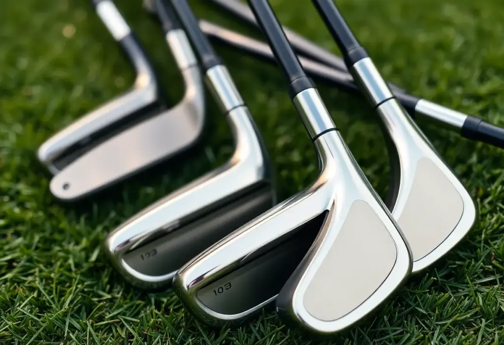 Set of Miura KM-Baby Blades golf clubs displayed on a golf course