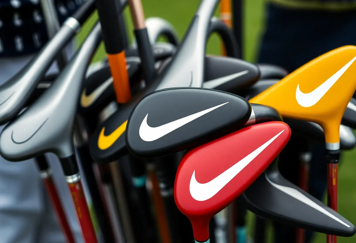 Collection of Nike golf clubs and accessories