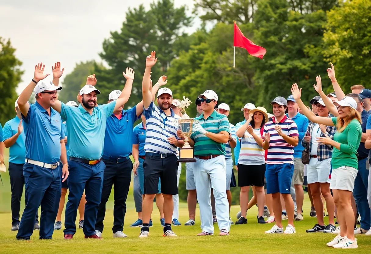 Players from Northeast High School celebrating their Liberty Cup win on the golf course.