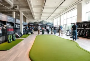 Interior of PGA Tour Superstore showing putting green and golf equipment
