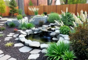 Beautifully landscaped garden in Philadelphia showcasing diverse plants and water features.