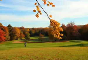 Scenic golf course in Philadelphia with autumn leaves