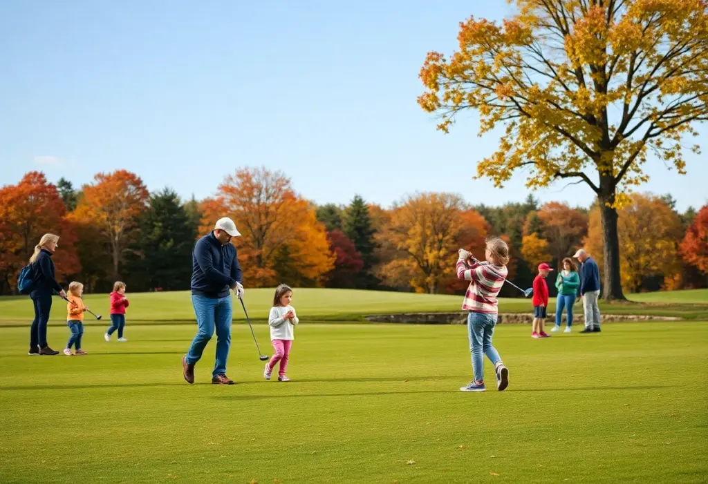 Families enjoying a golf clinic at Cobbs Creek Golf Course.