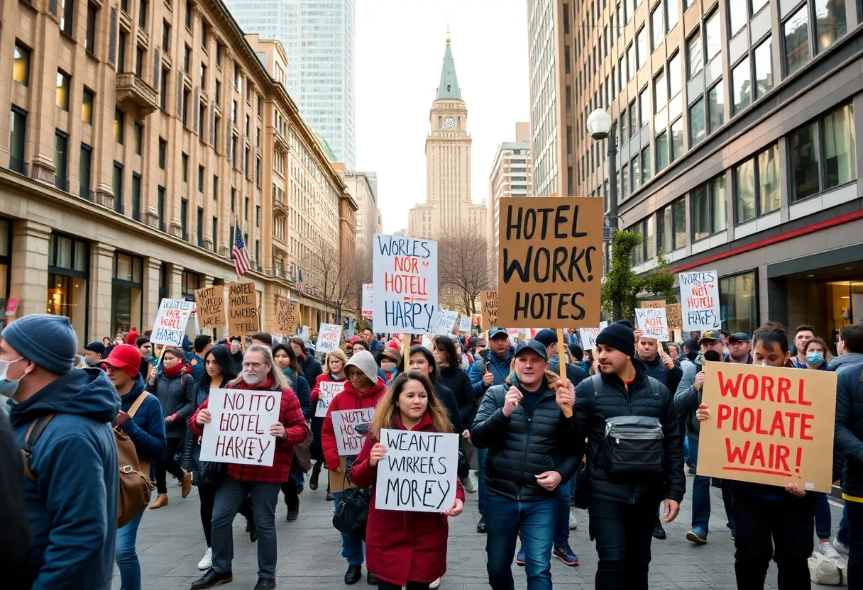 Protesters holding signs during a hotel workers strike in Philadelphia